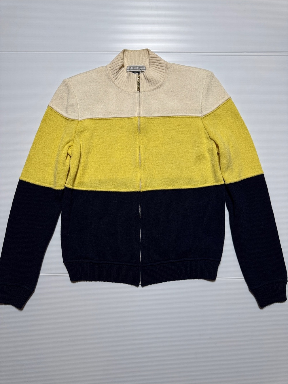 ST. JOHN Vintage Classic Zip-Front Colorblock Sweater Jacket Yellow Navy Cream S
